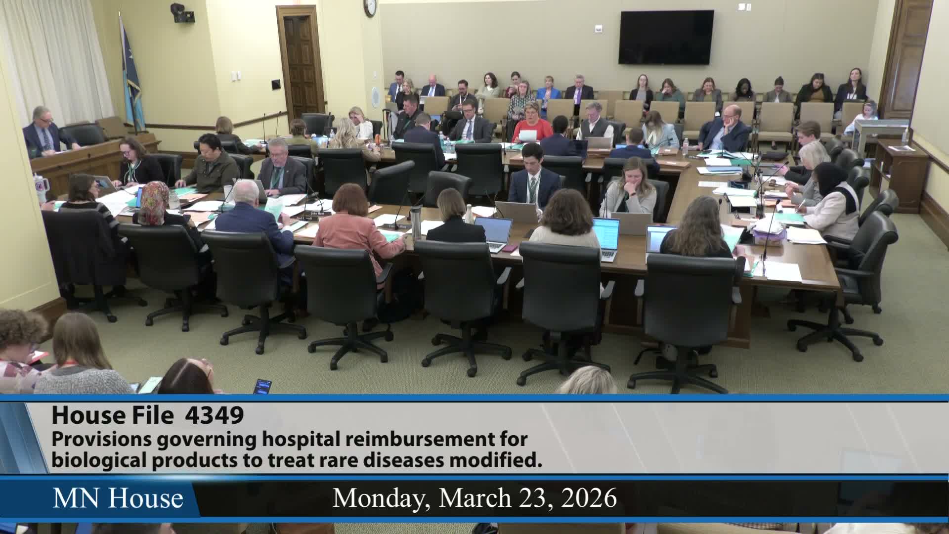 Committee debates HF 4349 on gene‑therapy reimbursement, requests fiscal note and lays bill over