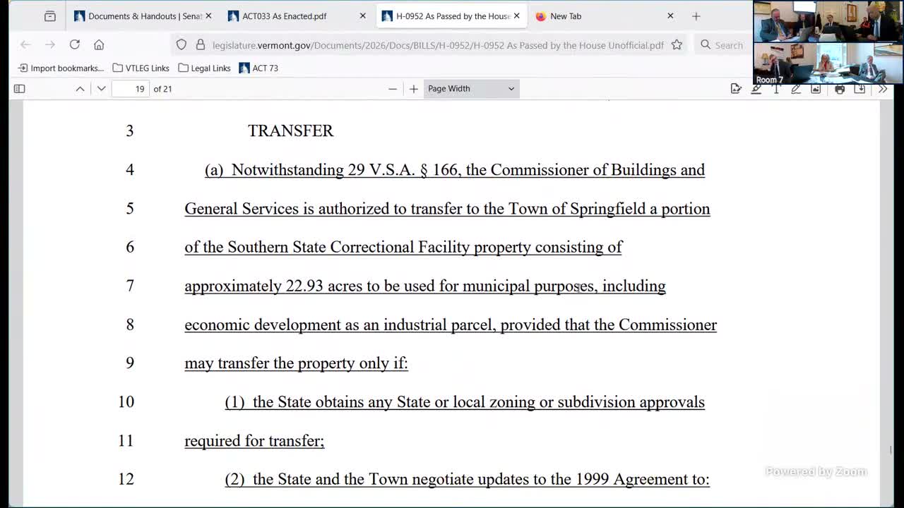 Bill authorizes BGS to transfer about 23 acres of Southern State Correctional Facility to Springfield with conditions, authority to lapse in 2030