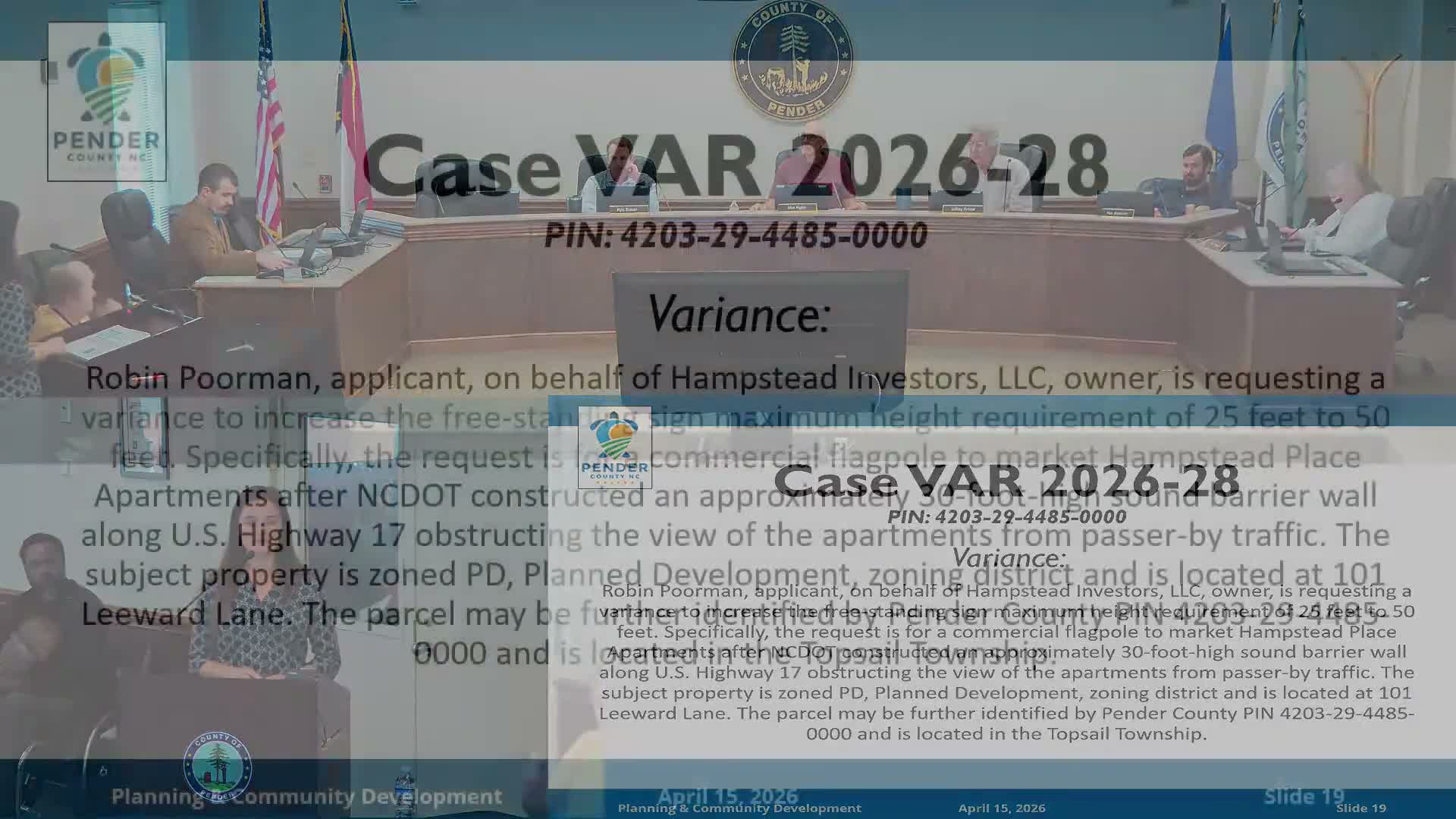 Board of Adjustments approves 50-foot flagpole for Hampstead Place Apartments to restore highway visibility
