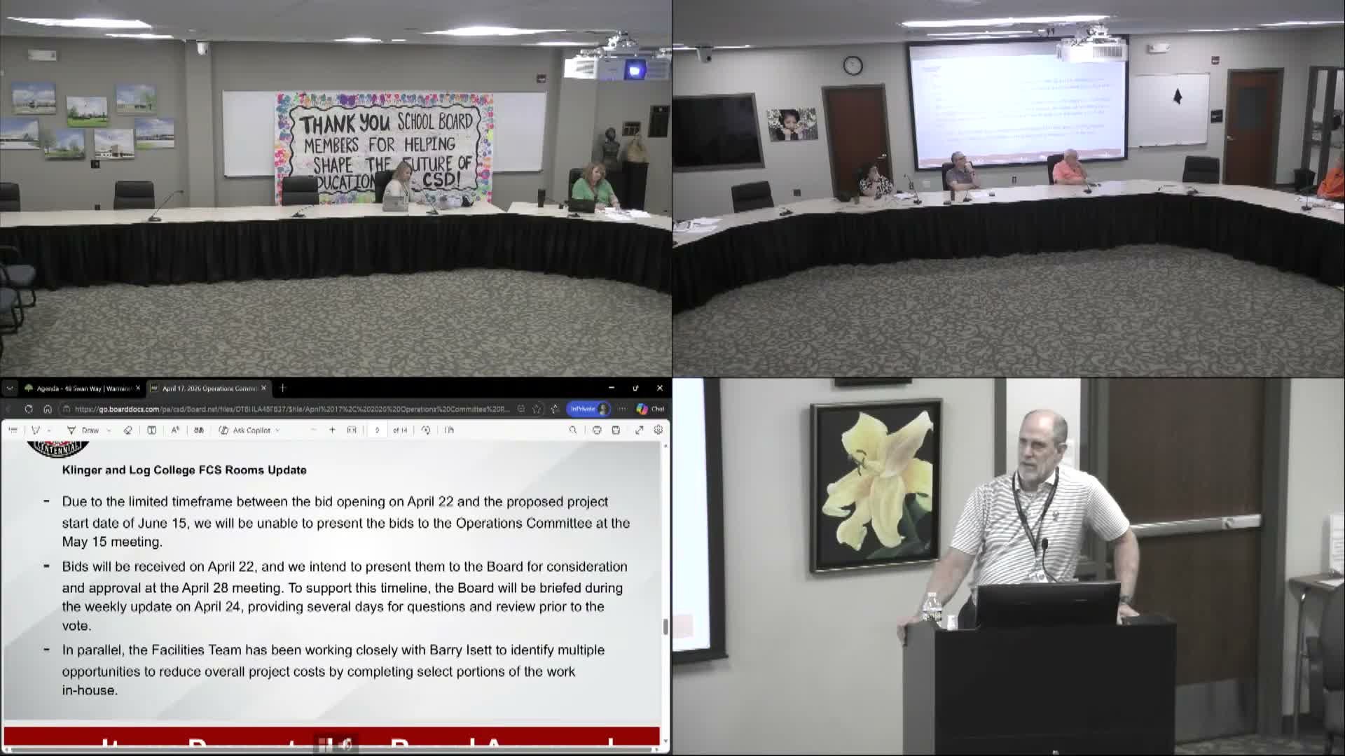 Operations committee reviews Klinger Law College FCS classroom RFP timeline