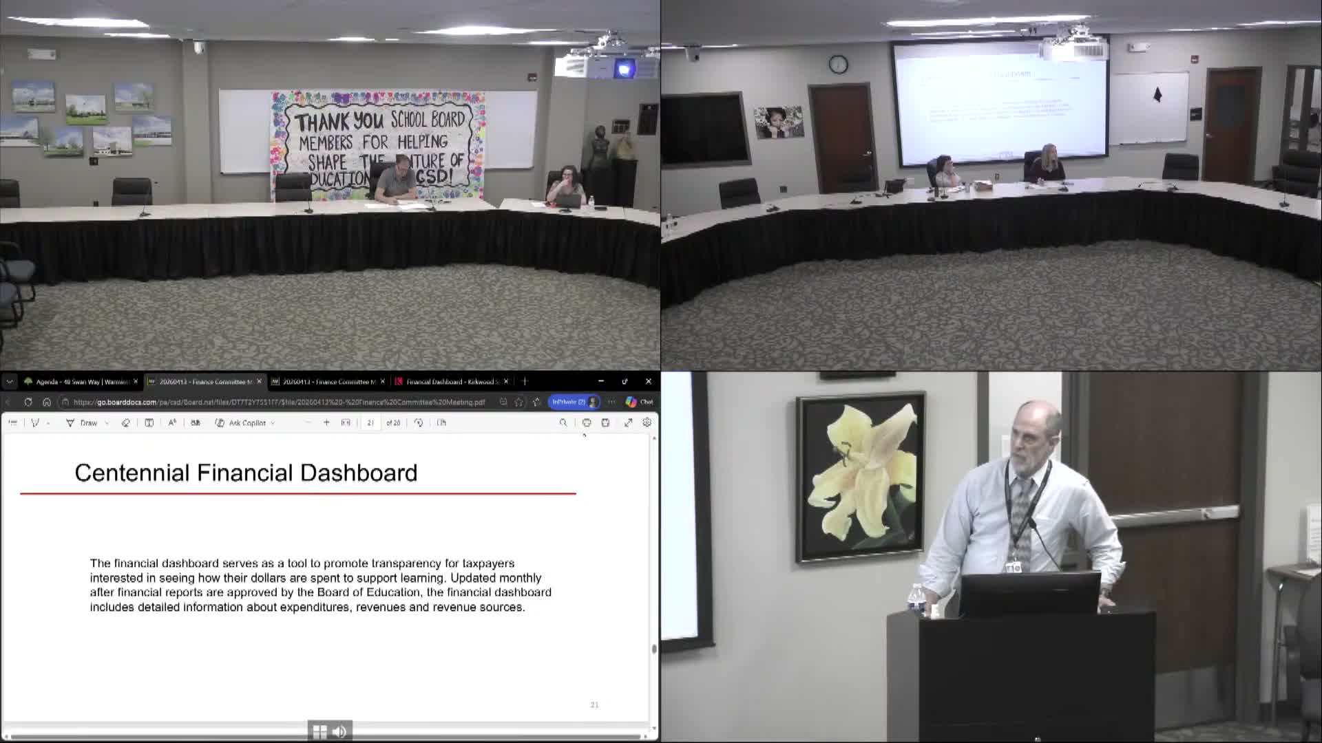Finance committee discusses public financial dashboard and wants per‑pupil and special‑education breakdowns
