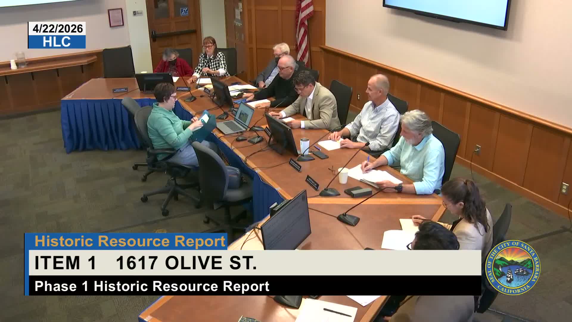 Commission accepts two Phase 1 historic‑resource reports, finds 1617 Olive and 204 E. Alamar not eligible