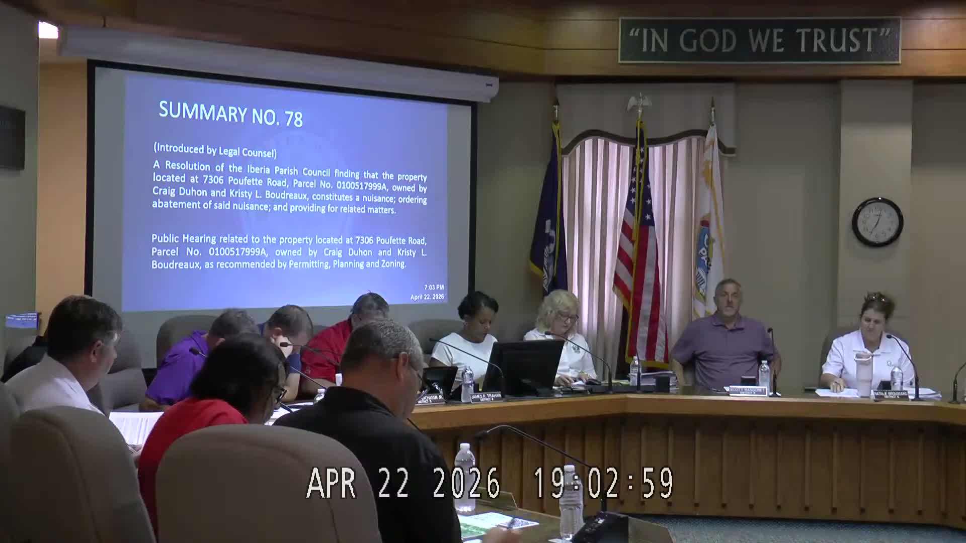 Iberia Parish Council orders cleanup of 7306 Poufe Road after heated public hearing, exempts camper and working equipment