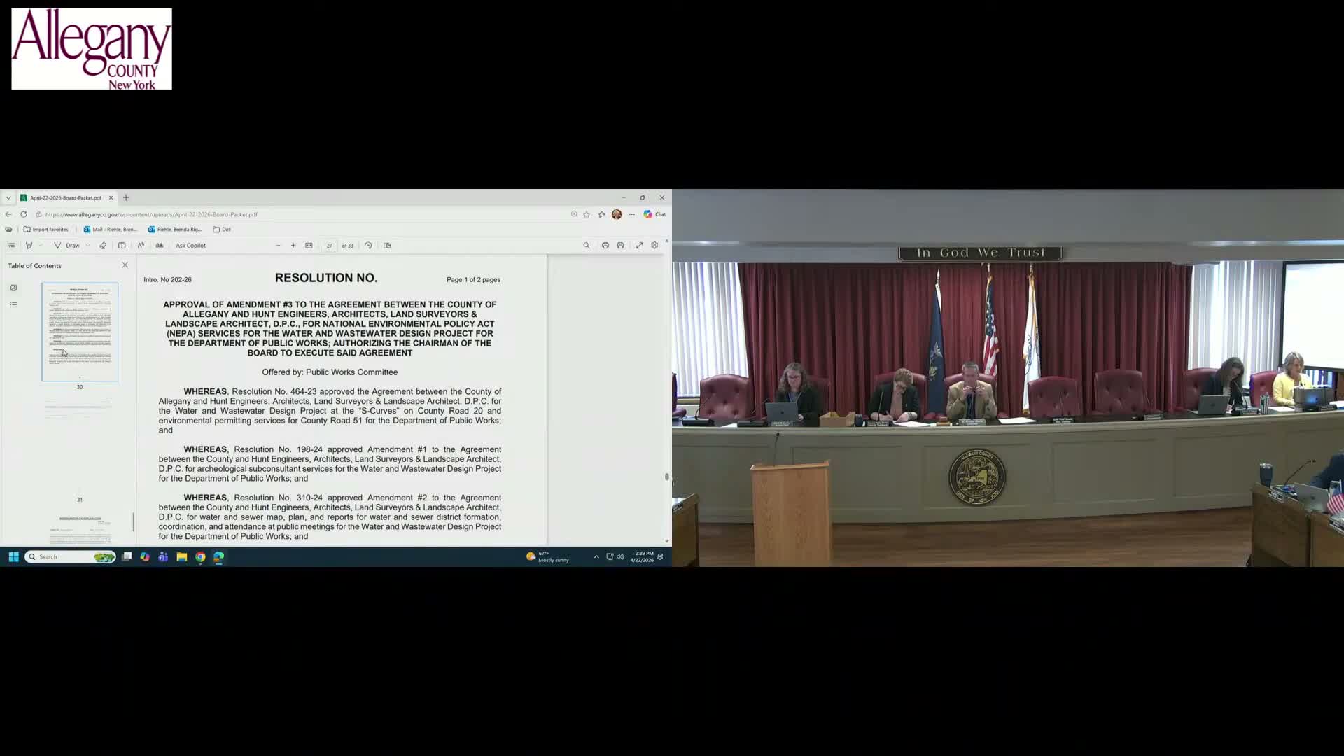 Legislator objects to Hunt Engineers amendment but board approves contract amendment 12-3