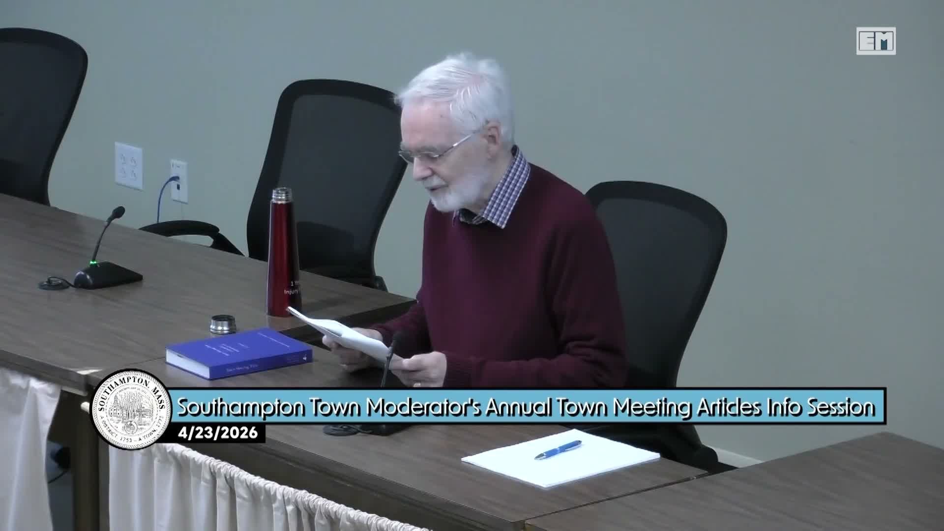 Town Moderator Robert Floyd previews $15.94M FY27 operating budget and supplemental override question