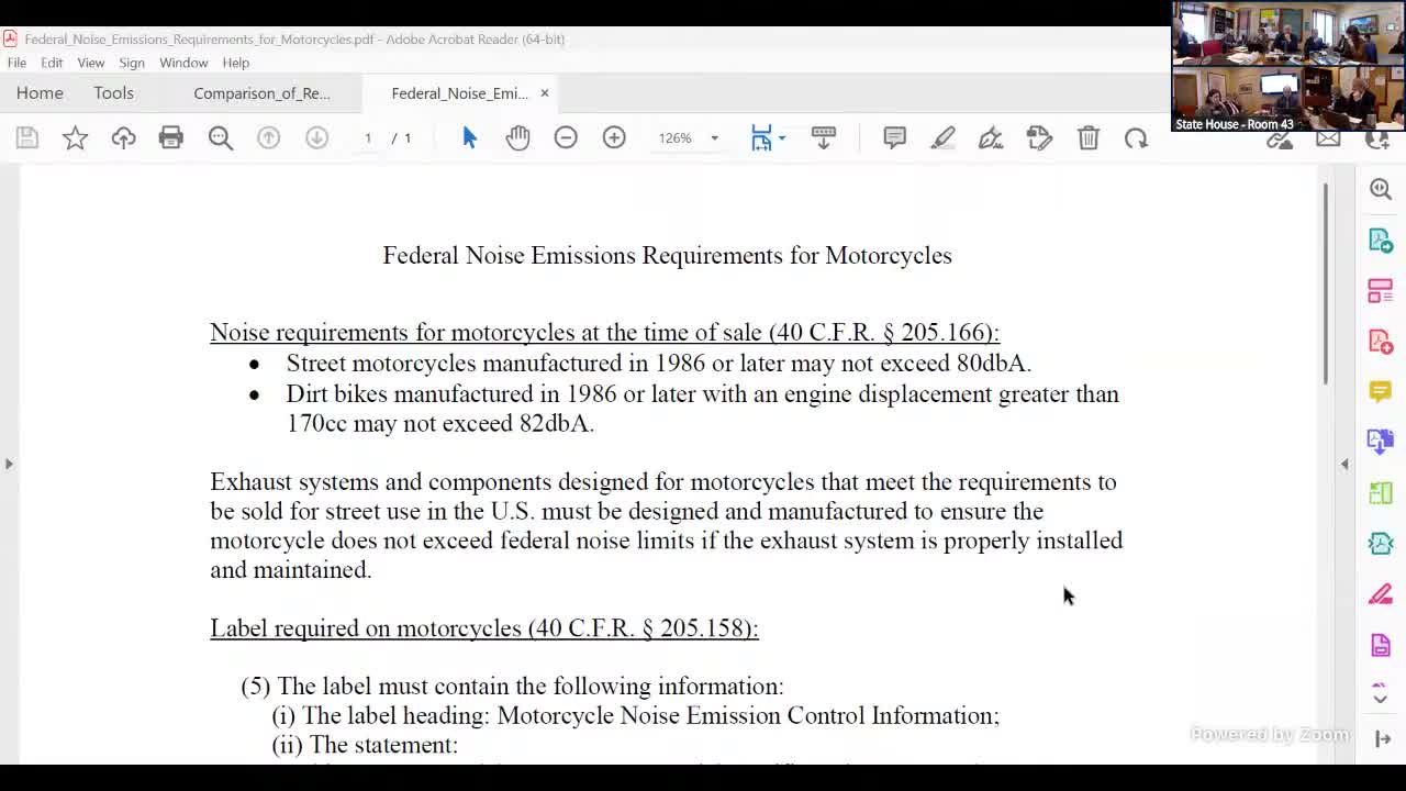 Committee hears federal motorcycle noise and labeling standards; enforcement varies by state