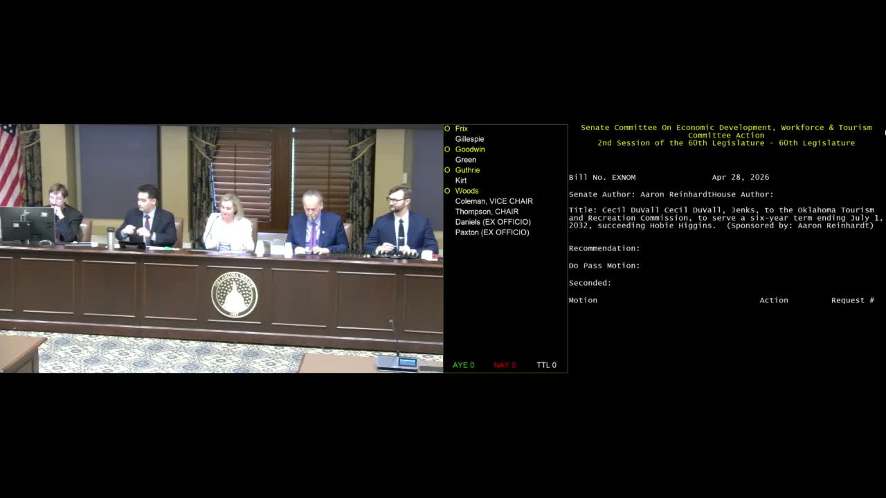 Committee advances nomination of Cecil Duvall to Oklahoma Tourism and Recreation Commission