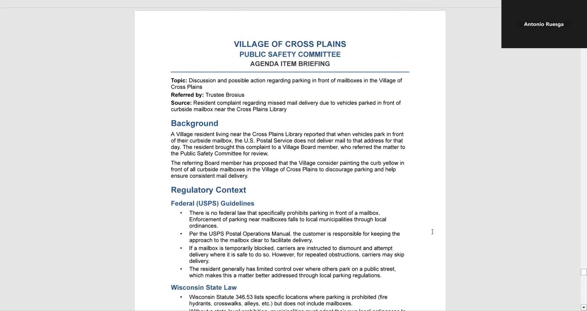 Committee weighs painted mailbox markings and adding mailbox protections to parking code