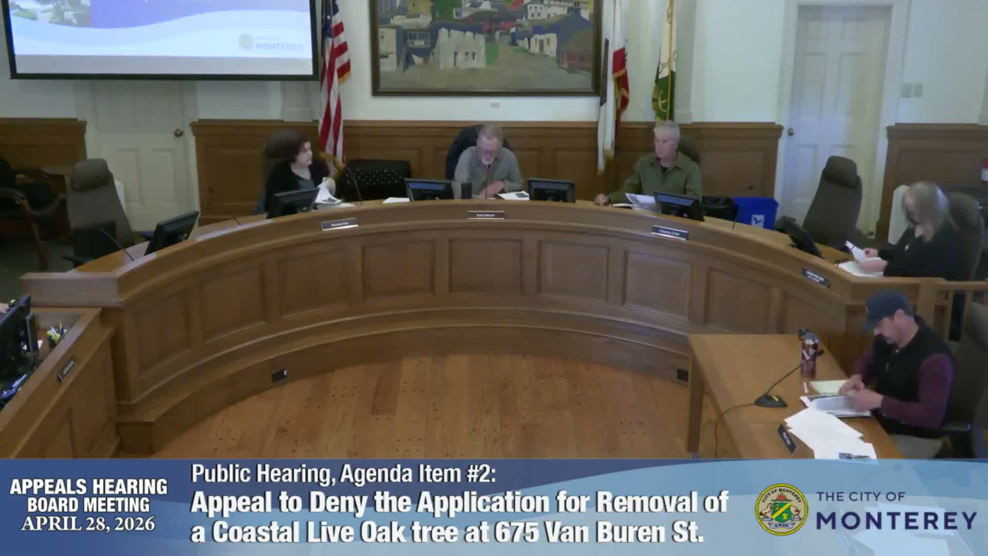 Board permits removal of large oak for homeowner, requires two 15-gallon replacements and CEQA clearance