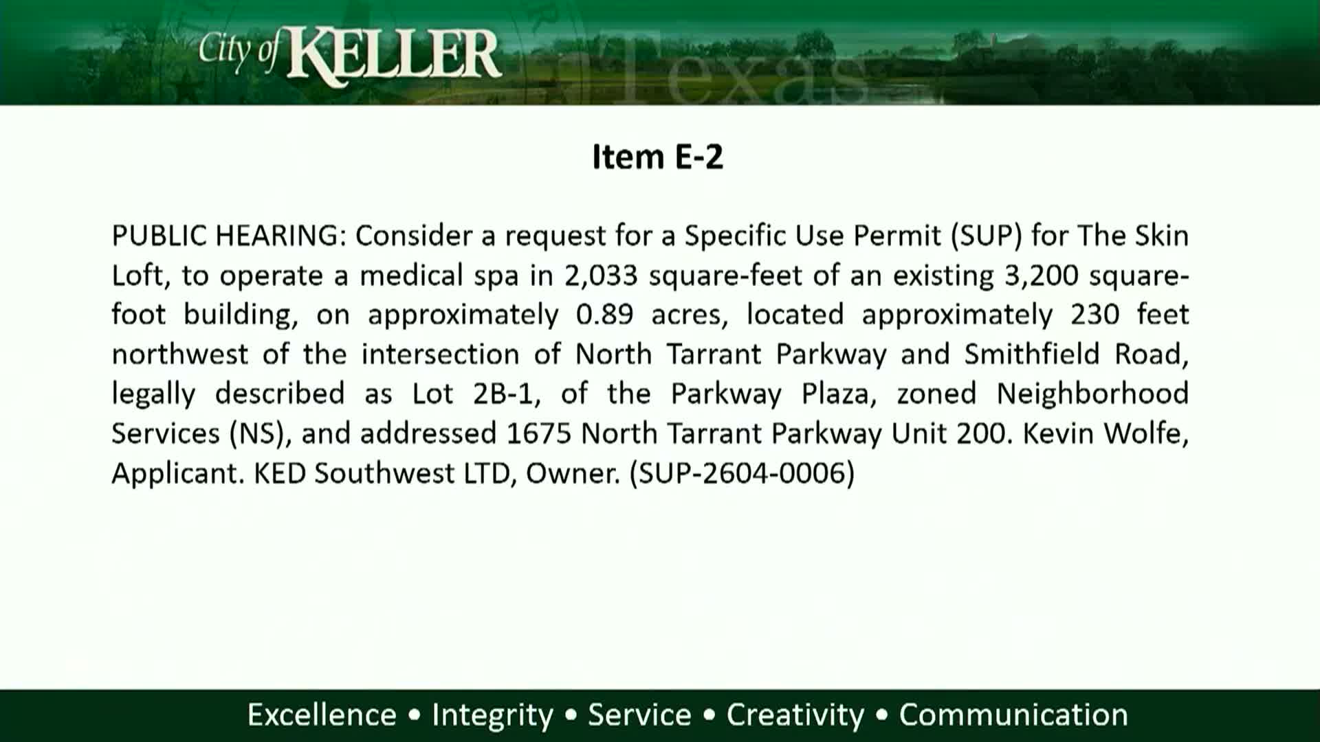 Commission recommends Skin Loft medical spa at Parkway Plaza; forwards item 6–0
