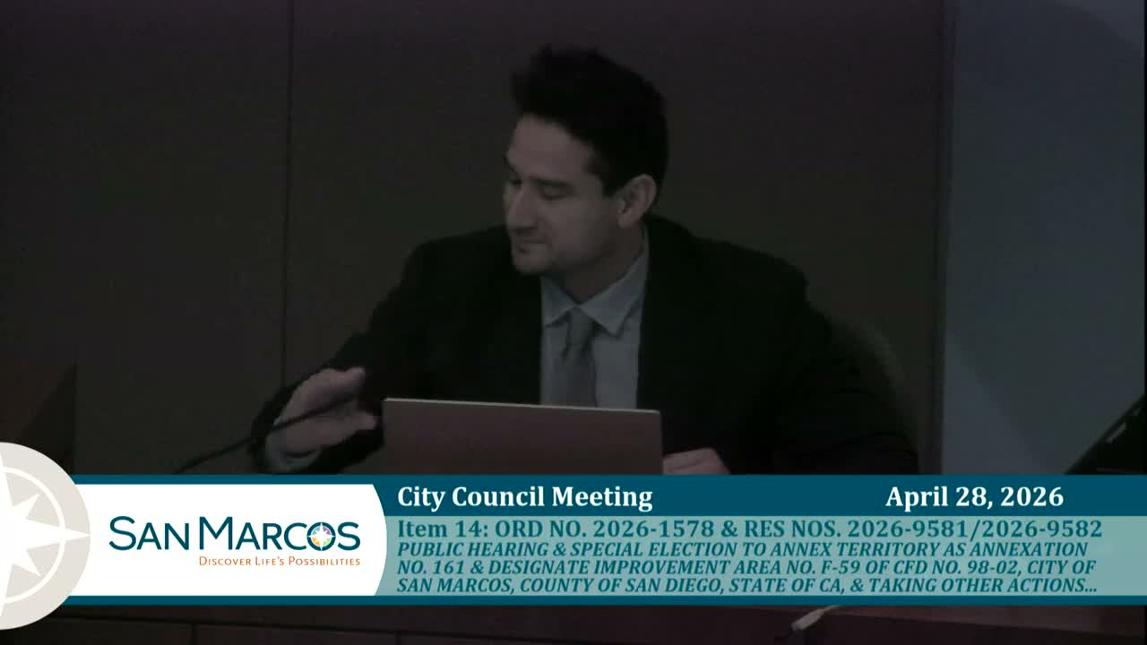 San Marcos council designates Improvement Area F‑59 for CFD 9802, canvasses unanimous special‑tax ballots