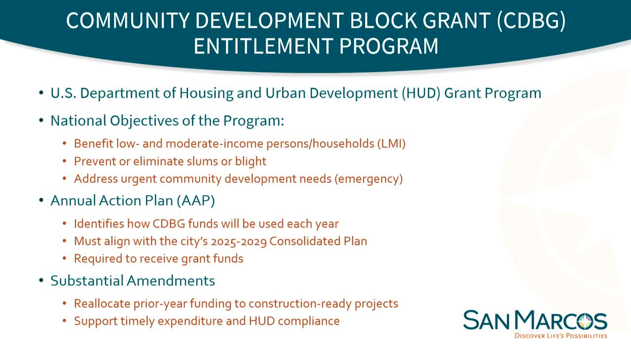 San Marcos council adopts FY 2026–27 CDBG action plan, reallocates prior funds to shovel‑ready projects
