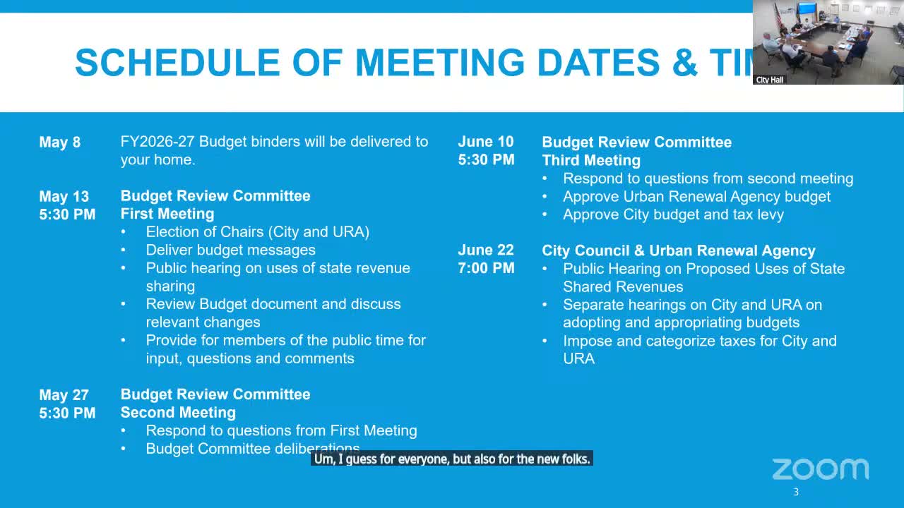 Budget committee orients to calendar as staff flags $14/month city service fee and URA sunset