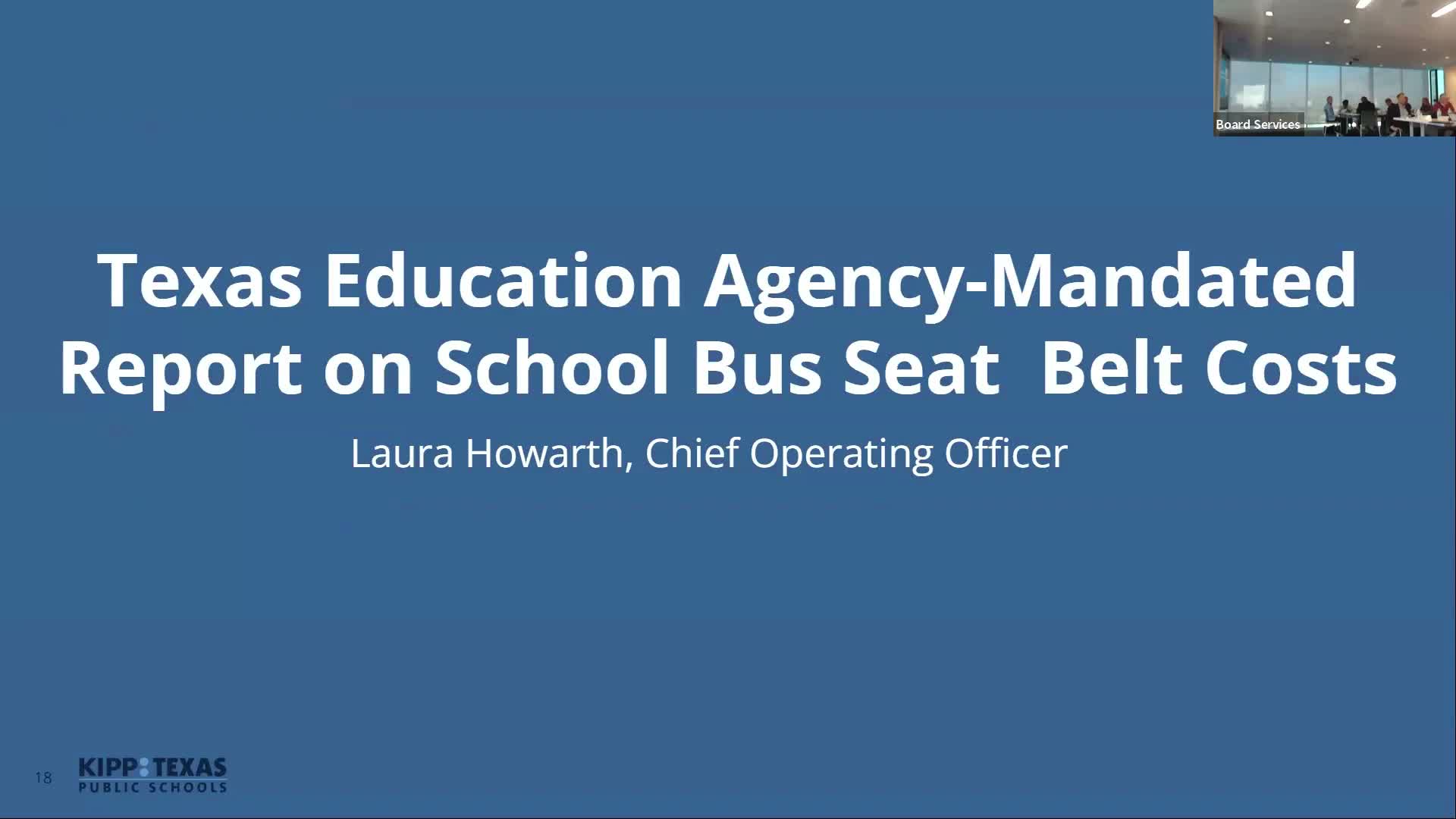 KIPP Texas board acknowledges state mandate requiring 3‑point seat belts on buses by 2029, estimates retrofit cost at roughly $4.7M