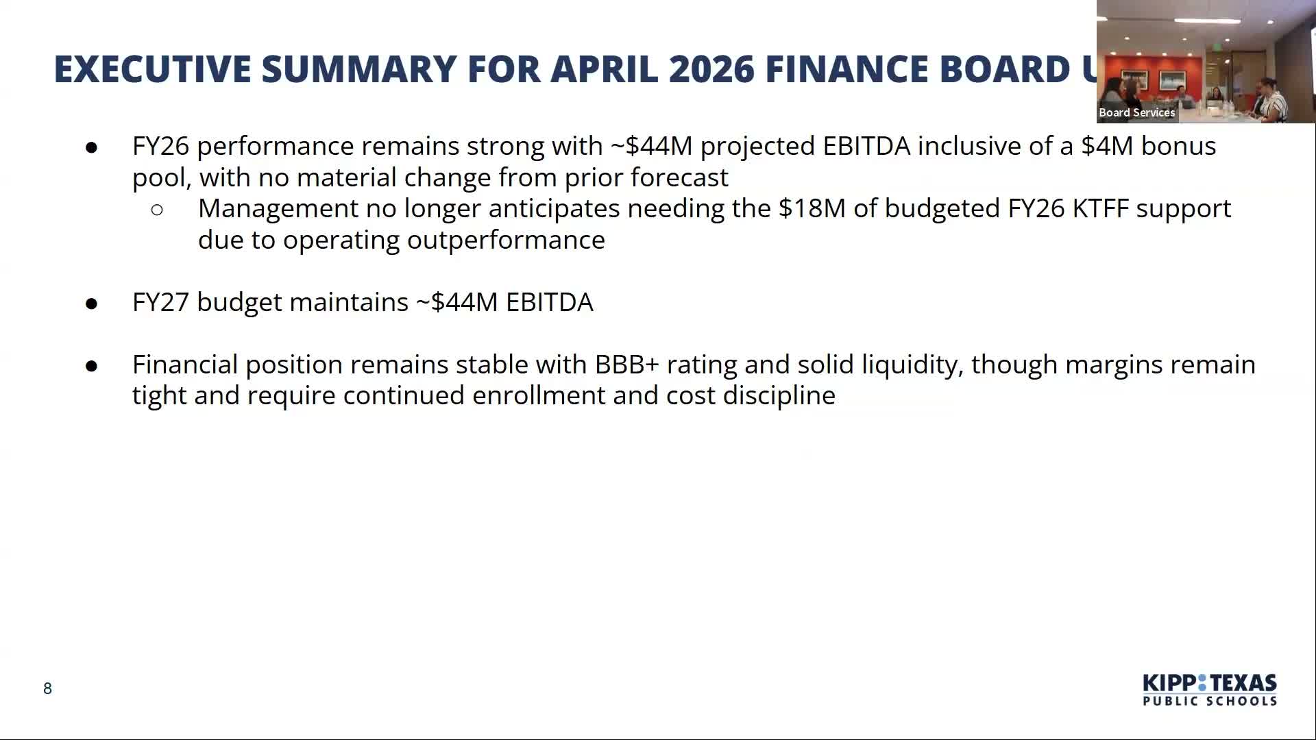 KIPP Texas projects $44M EBITDA for FY26, proposes $4M bonus pool; board told margins remain tight