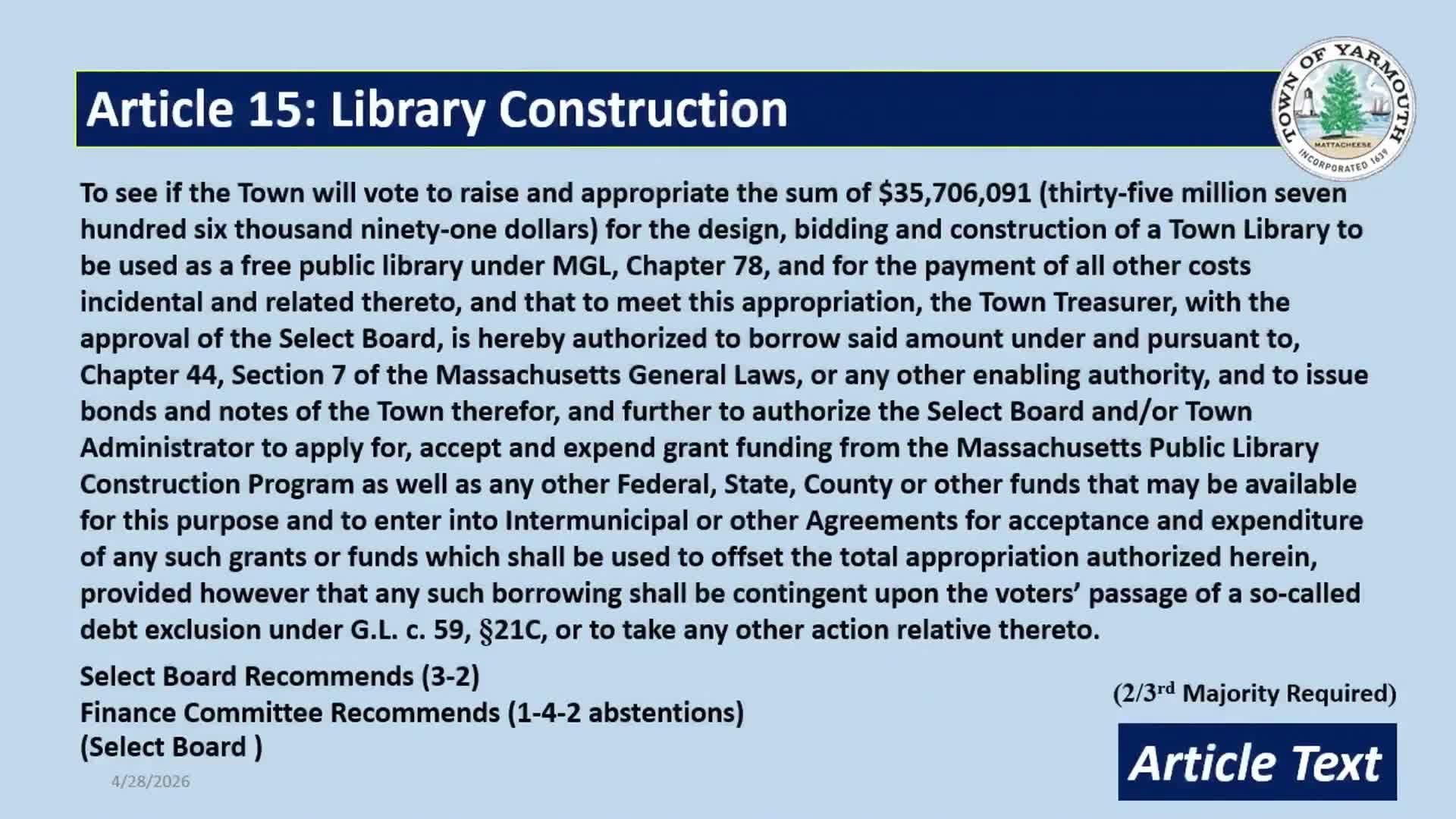 Yarmouth library borrowing proposal falls short of two‑thirds requirement after lengthy debate