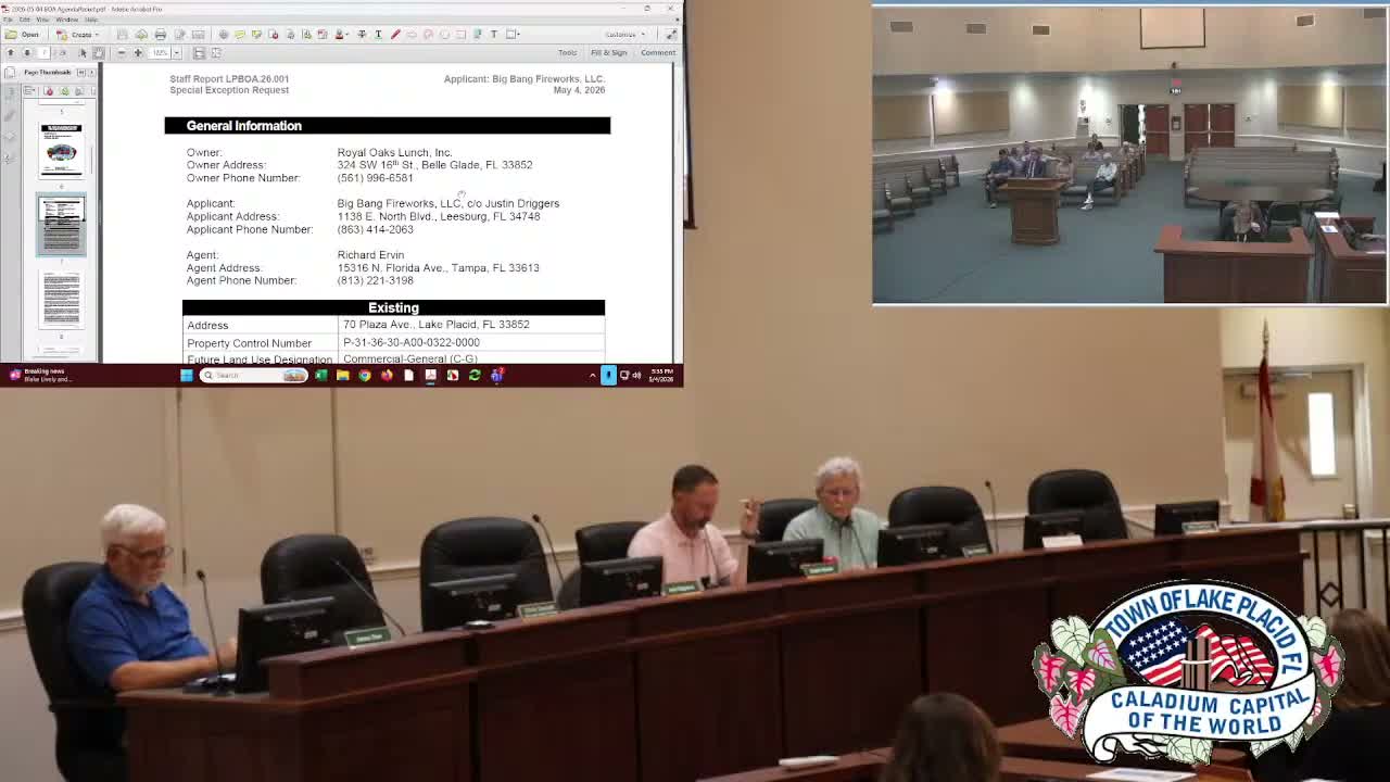 Lake Placid board approves five‑year special exception for Big Bang Fireworks tent sales