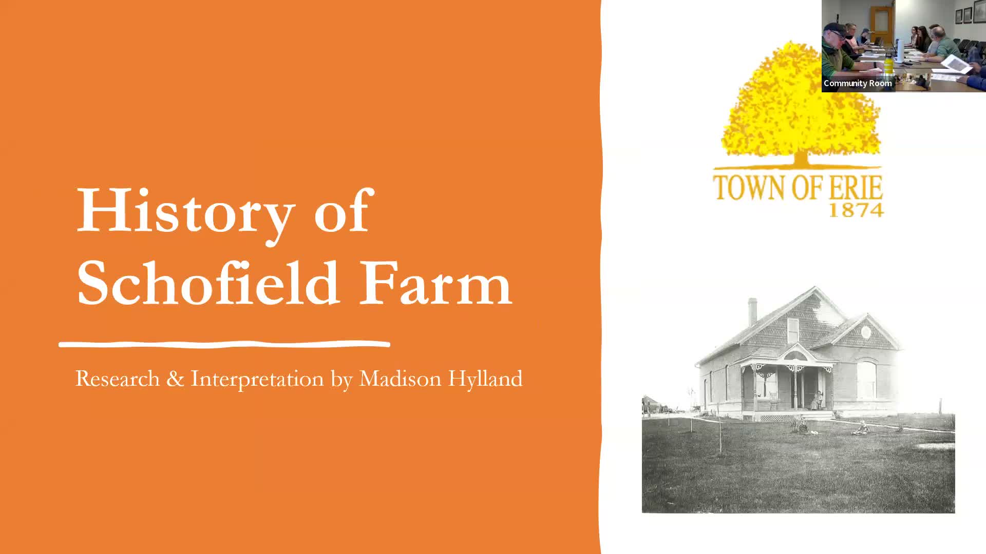 Erie history intern presents Scofield Farm research; board unanimously approves Old Town mailing pending reviews