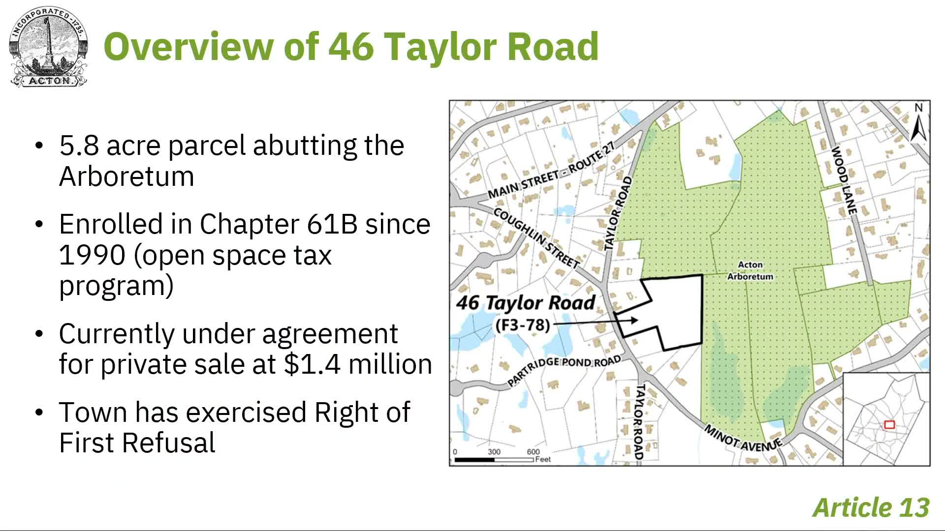 Town Meeting approves purchase of 5.8 acres at 46 Taylor Road to expand Acton Arboretum
