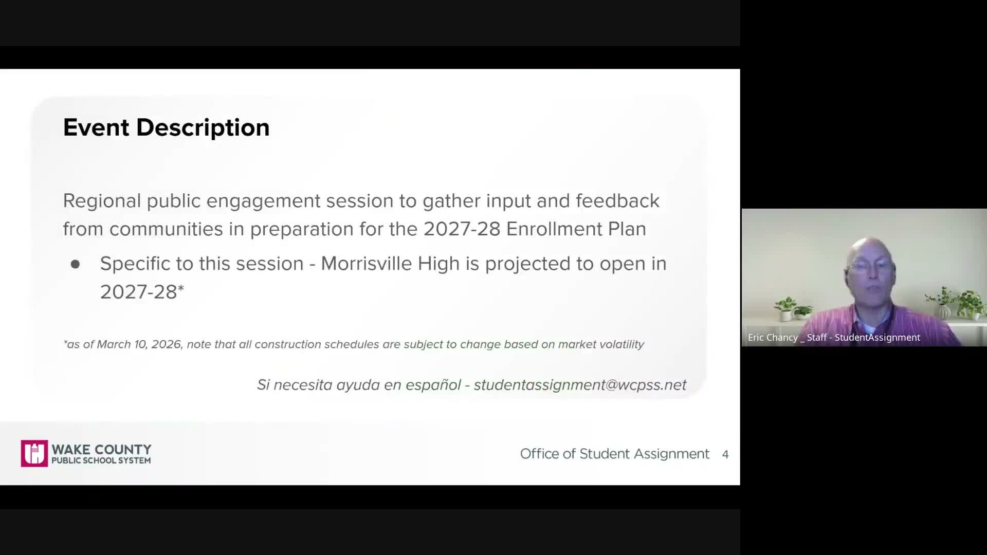 Presenter Susan Pulliam outlines plans, timeline and stability rules for Morrisville High opening