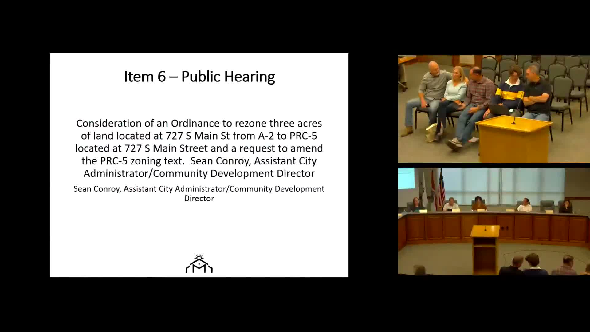 Council rezones 3‑acre parcel on Main Street to PRC‑5 after public hearing on future access