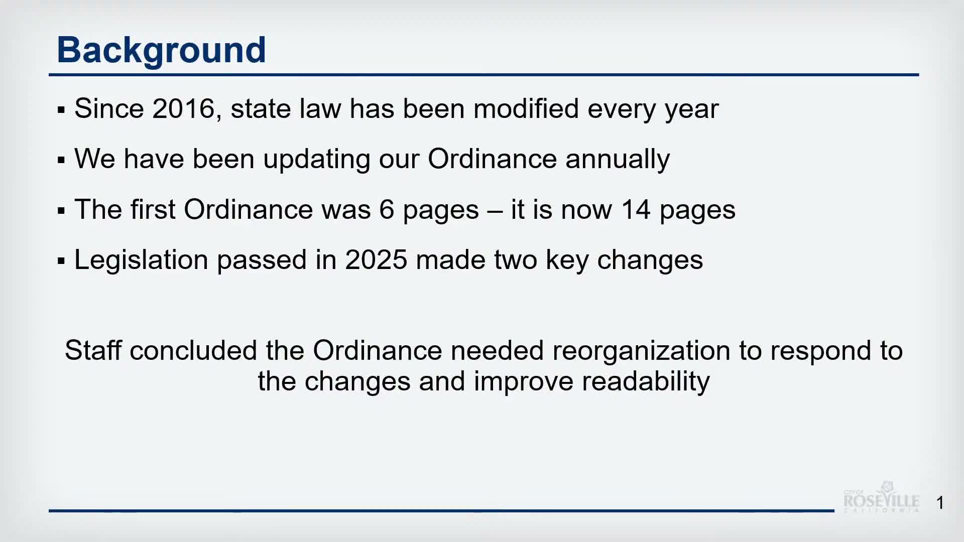 Roseville planning staff recommend ADU ordinance updates to match state law; council introduces amendments for first reading