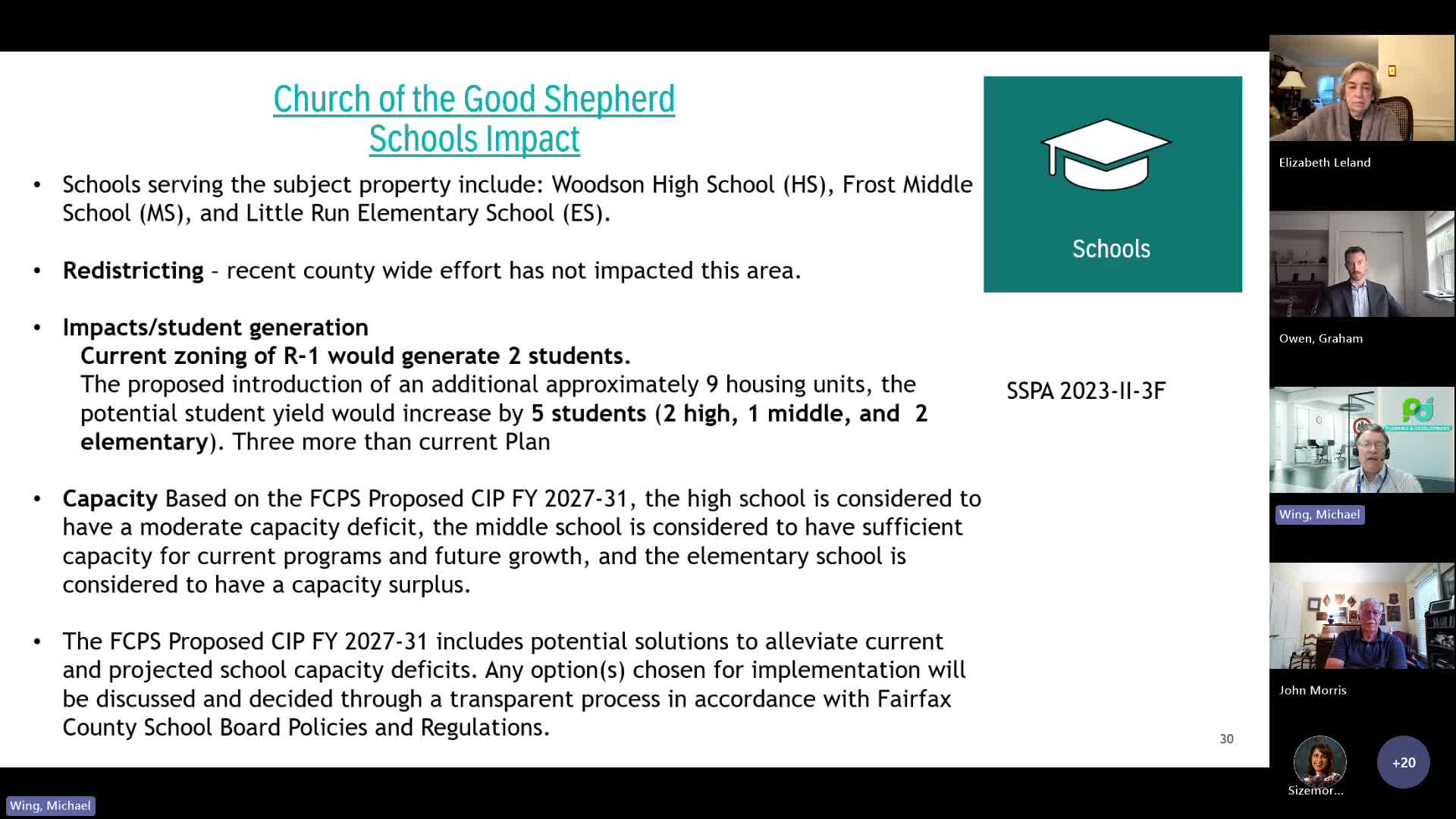 Fairfax County planning staff, applicant outline plan to allow nine homes on Church of the Good Shepherd parcel; neighbors press stormwater and tree‑loss risks
