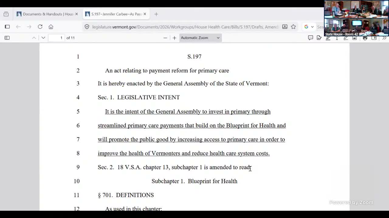 Committee debates intent and Blueprint role in universal primary care draft (S197 / S53)