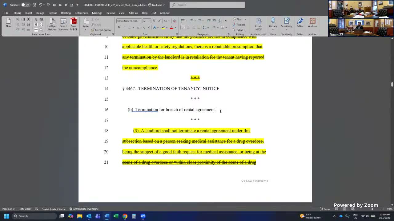 Committee keeps Good Samaritan eviction protection but flags implementation questions; removes some landlord‑tenant provisions for further work