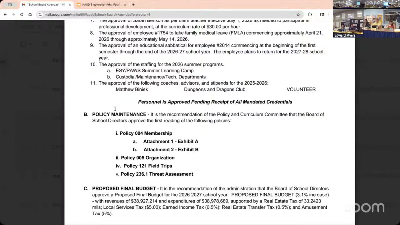 Kutztown board advances 2026–27 proposed final budget, approves multiple contracts and personnel items