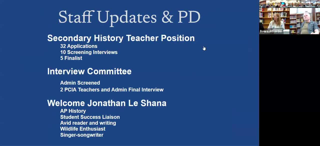 Board reviews finalist for secondary history teacher; contract contingent on licensure