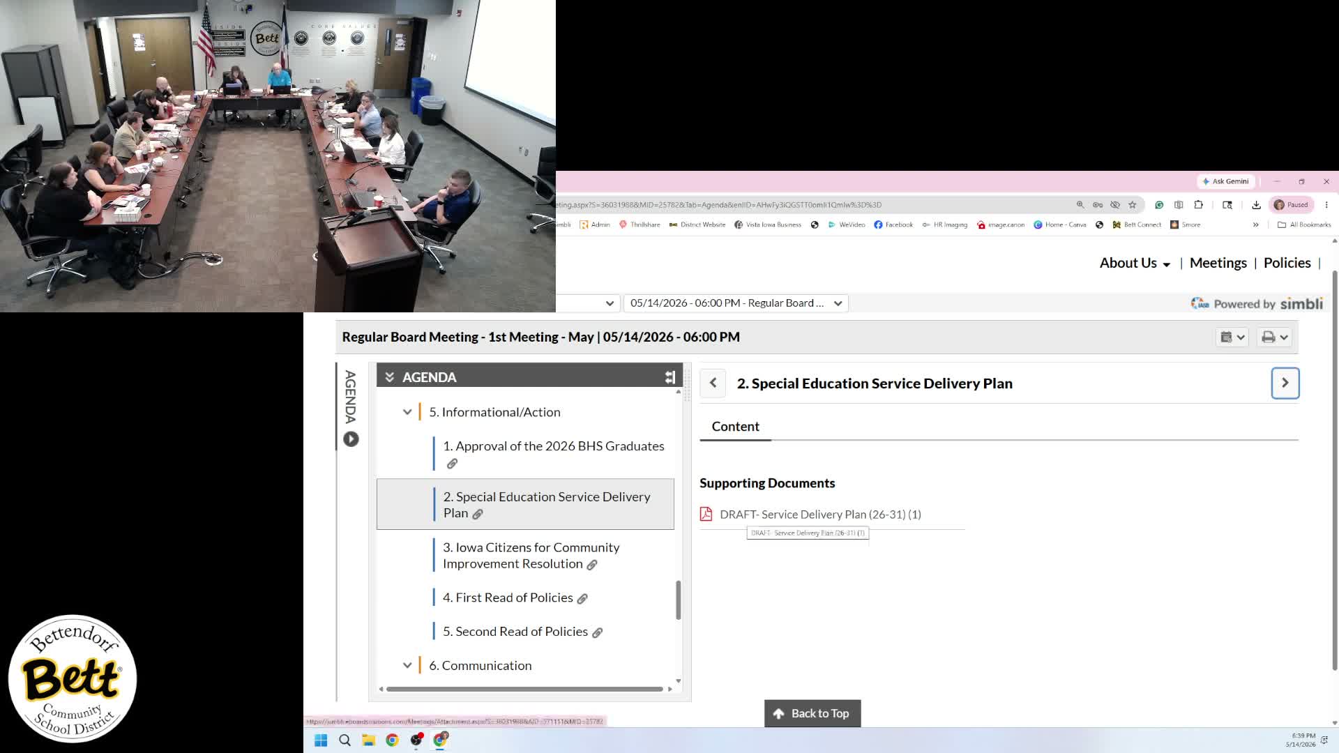 Bettendorf board reviews revised special‑education service delivery plan; plan to be posted for 20‑day public comment