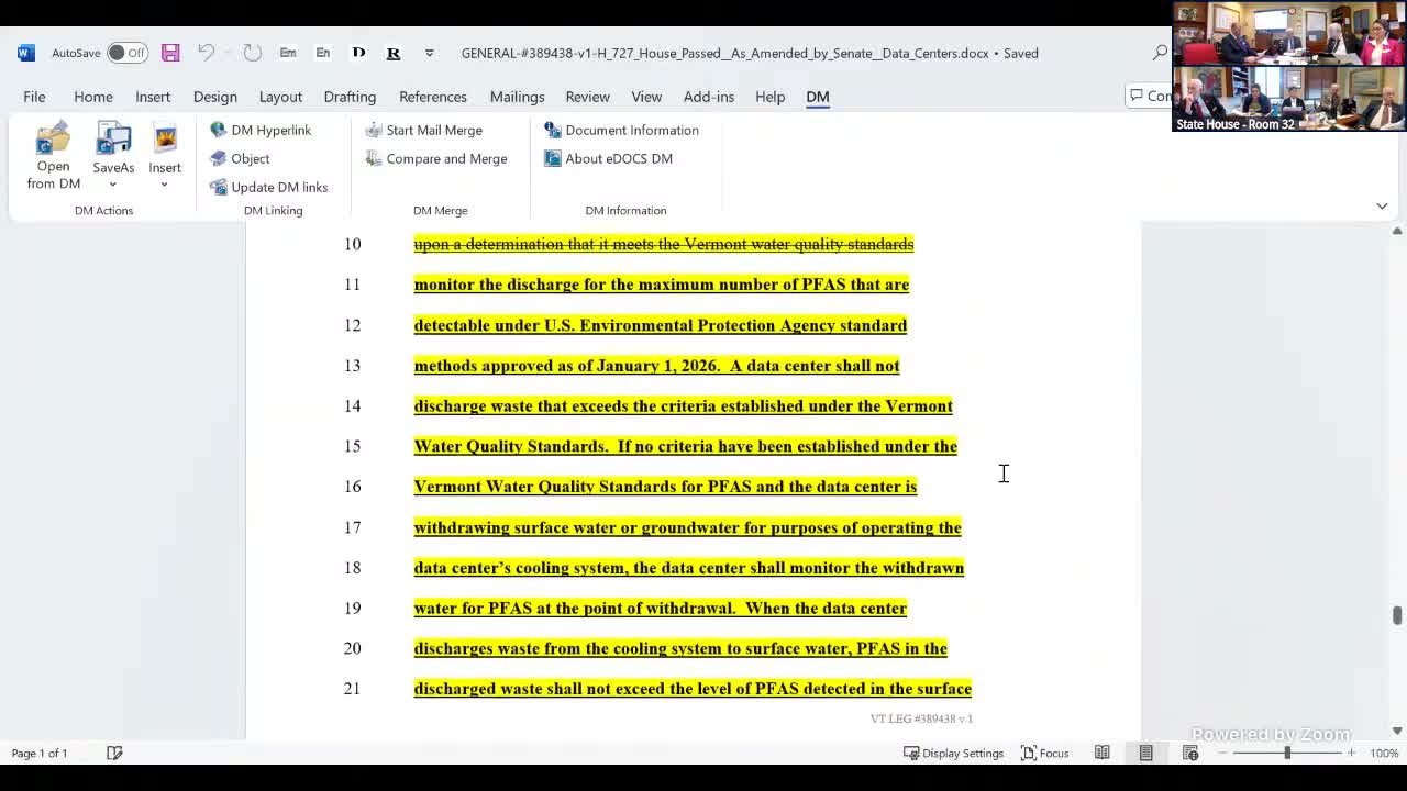 House Energy committee reviews Senate changes to H.727 on data centers — 10‑year contracts, PFAS monitoring and water triggers added