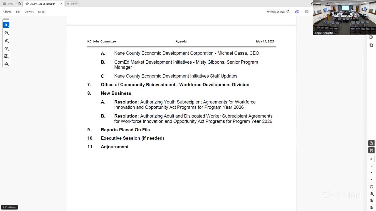Kane County workforce staff report WIOA allocation and committee approves subrecipient agreements for PY2026