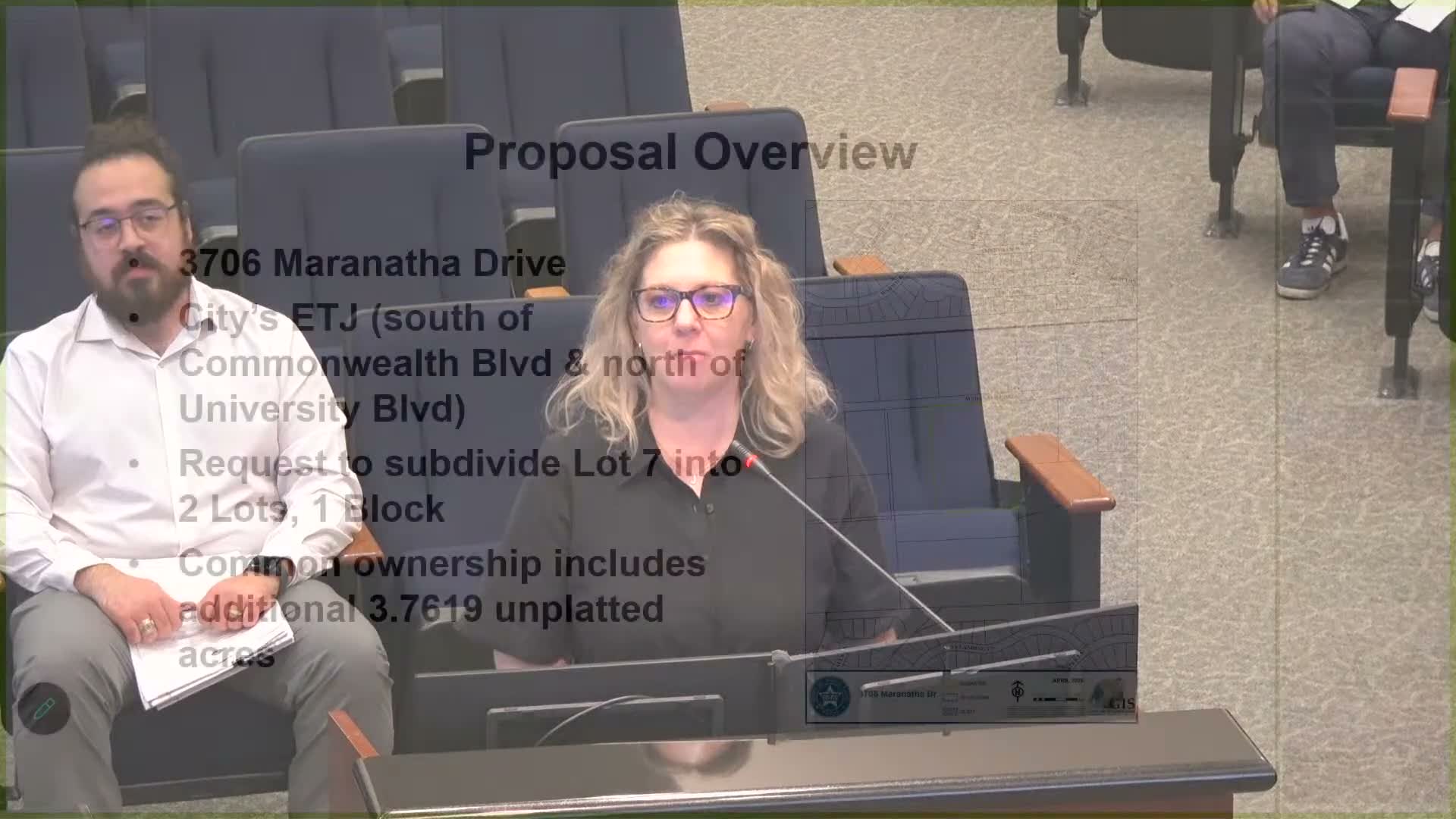 Commission discusses variance to subdivide Lot 7 on Maranatha Drive; no formal action taken