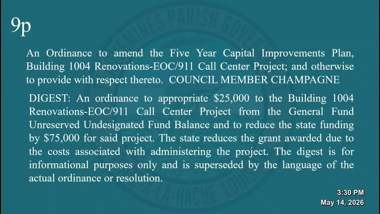 Parish reaffirms $1.93 million match for Building 1004 EOC renovations amid questions about grant administration