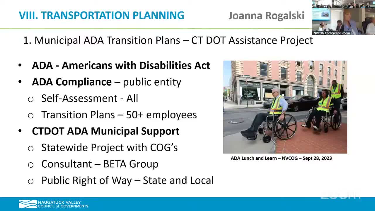 CTDOT selects NVCOG as pilot for ADA Title II municipal assistance; inventories, kickoff and 18‑month timeline outlined