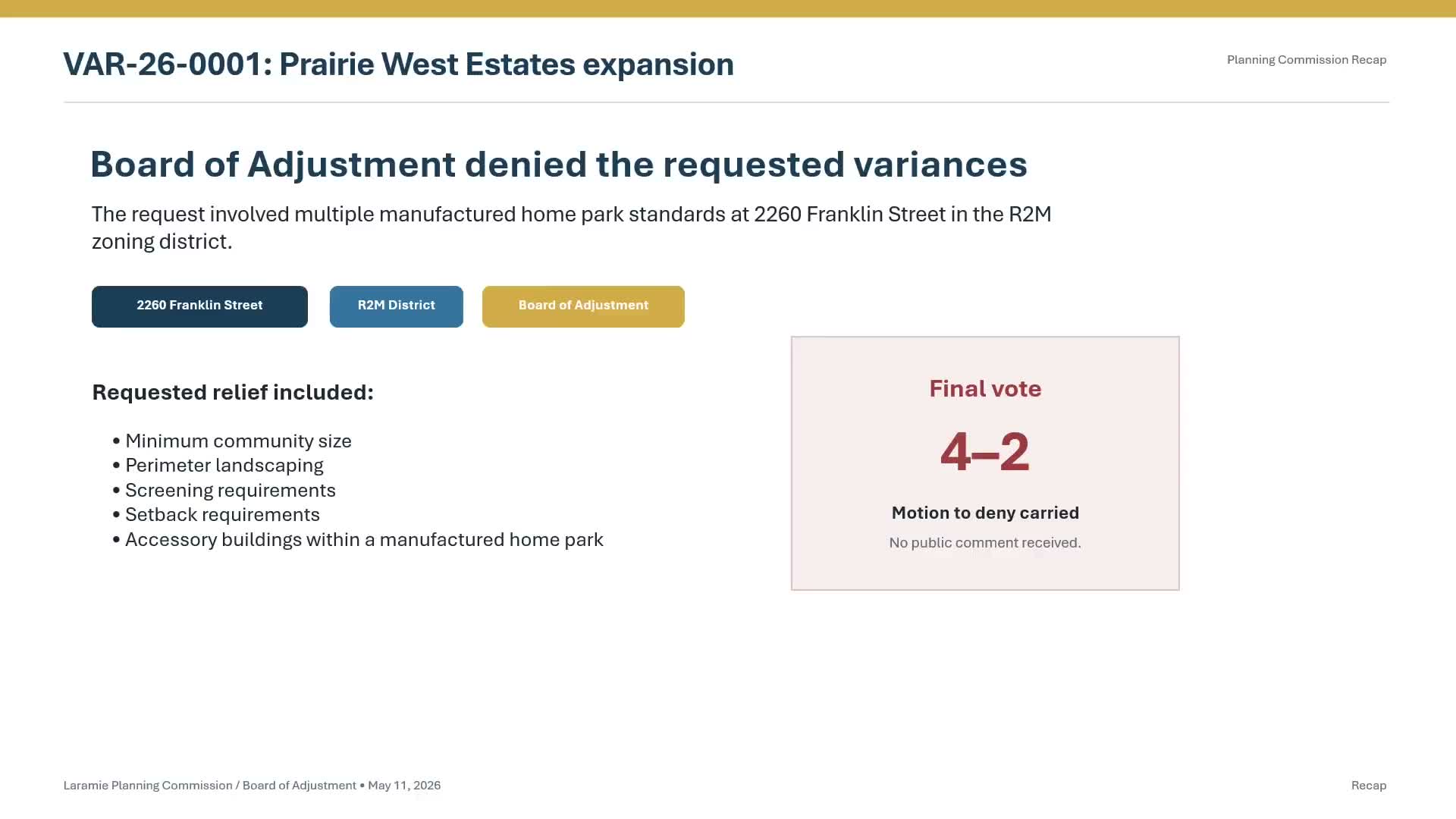 Board of Adjustment denies variance for Prairie West Estates expansion, vote 4–2