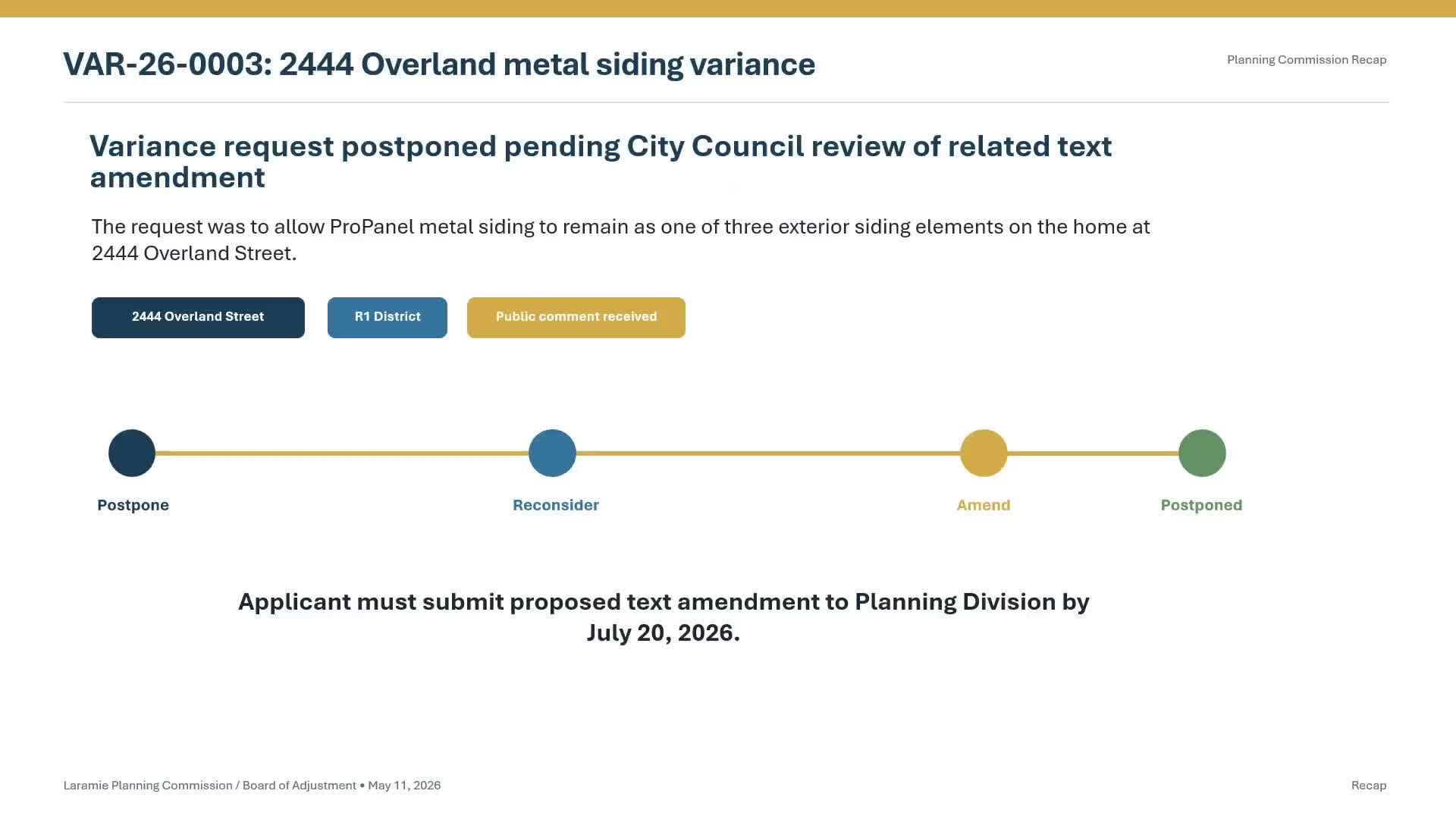 Board postpones decision on Overland Street variance; applicant to file text amendment within three months